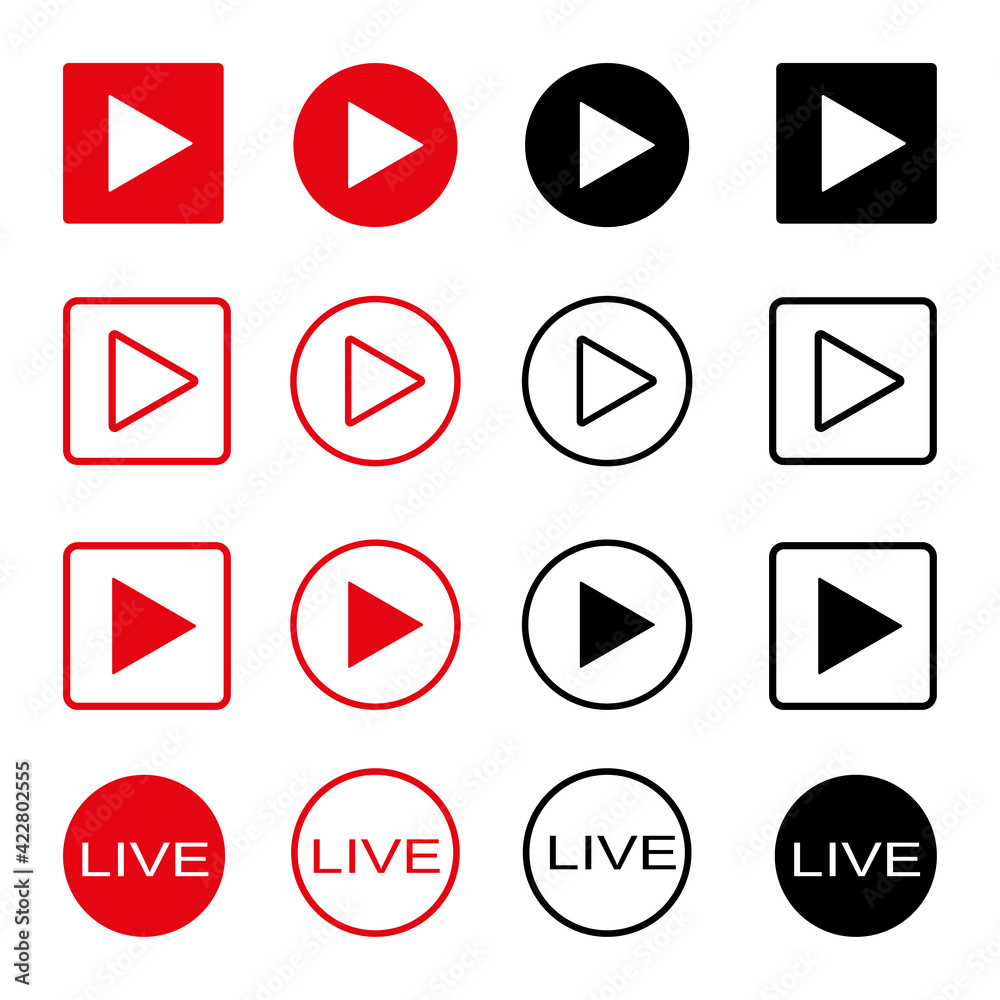 Live broadcast icon. Live video streaming. Red symbols and buttons for live broadcast, online broadcast. Red and black buttons for live and online applications. Vector Live broadcast icon. Live video streaming. Red symbols and buttons for live broadcast, online broadcast. Red and black buttons for live and online applications. Vector