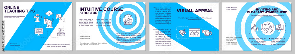 Online teaching tips brochure template. Flyer, booklet, leaflet print, cover design with linear icons. Visual appeal. Vector layouts for magazines, annual reports, advertising posters Online teaching tips brochure template. Flyer, booklet, leaflet print, cover design with linear icons. Visual appeal. Vector layouts for magazines, annual reports, advertising posters