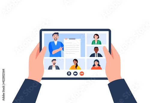 A group of students study online. Using a digital tablet for education during an epidemic. Vector flat illustration.