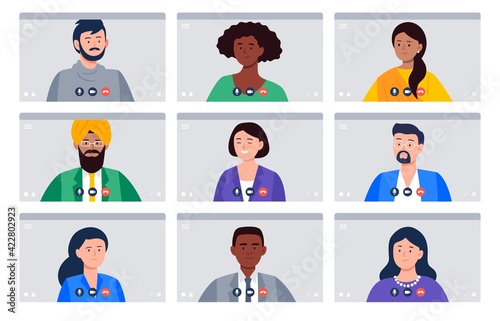 A group of people on a video call. Communication during an epidemic. Vector flat illustration.