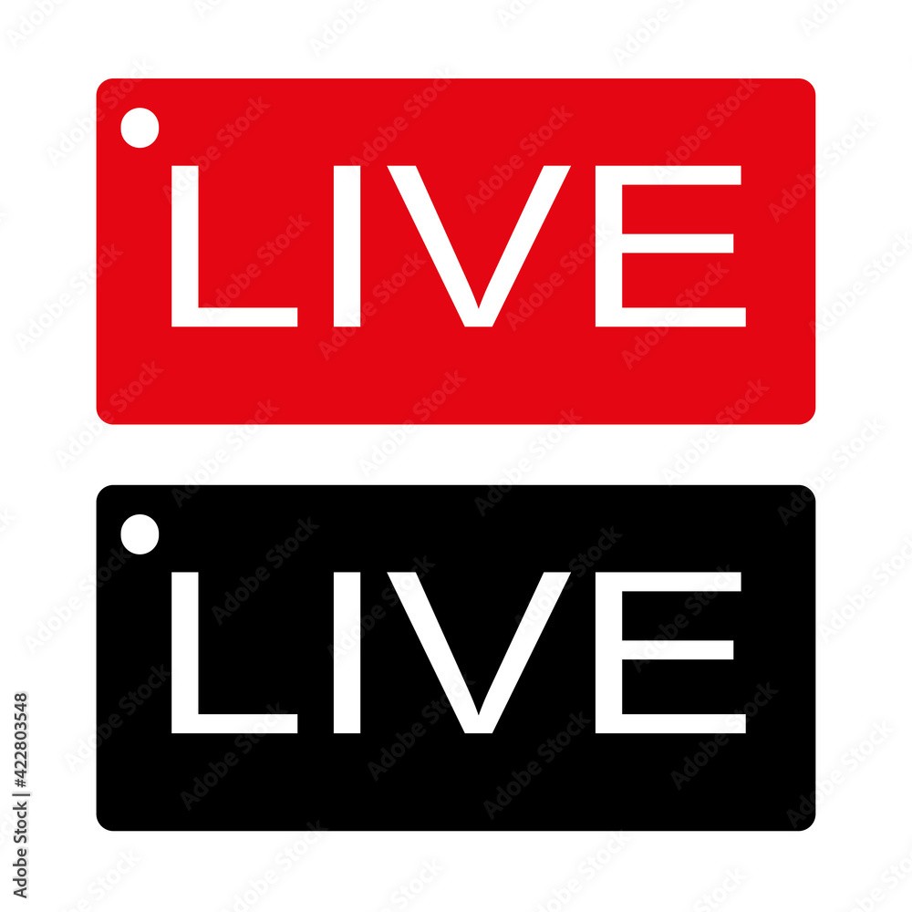 Live broadcast icon. Live video streaming. Red symbols and buttons for live broadcast, online broadcast. Red and black buttons for live and online applications. Vector