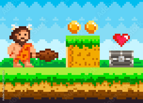 Pixelated natural landscape with caveman standing on green meadow near platform with coins © robu_s