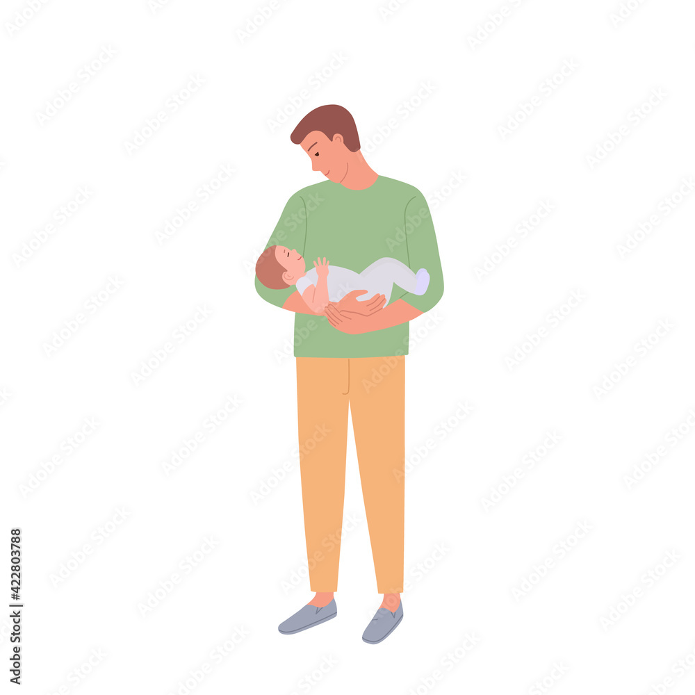 A man holds his baby in his arms. A small child looks at his father and smiles. Illustration of happy Father's Day. Cute characters full length height isolated on a white background.