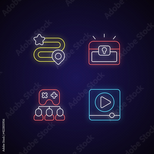 Video gaming neon light icons set. Watching ads, multiplayer mode, game progress and player inventory signs with outer glowing effect. Electronic entertainment. Vector isolated RGB color illustrations