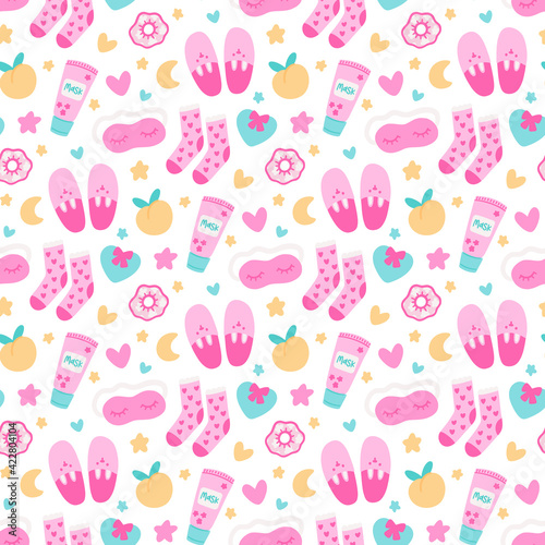 Cute seamless pattern with sleep mask, slippers, scrunchy, face mask, socks, hearts, peach, stars and moon. Beautiful print design for home decor, textile, packaging, wrapping paper etc. 