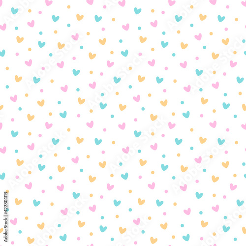 Simless pattern with festive colorful confetti and hearts. It can be used for packaging, wrapping paper, decor etc. Vector illustration on a white background.