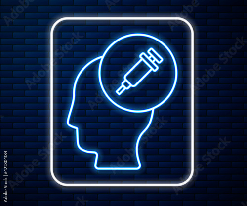 Glowing neon line Addiction to the drug icon isolated on brick wall background. Heroin, narcotic, addiction, illegal. Sick junkie with a syringe and medical pills. Vector