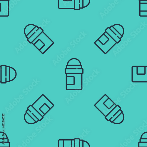 Black line Antiperspirant deodorant roll icon isolated seamless pattern on green background. Cosmetic for body hygiene. Vector