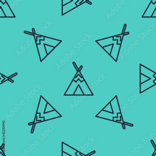 Black line Traditional indian teepee or wigwam icon isolated seamless pattern on green background. Indian tent. Vector