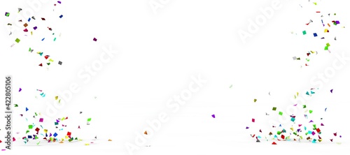Colorful shiny confetti falls from both sides. Banner format. In the middle is a free space for your design