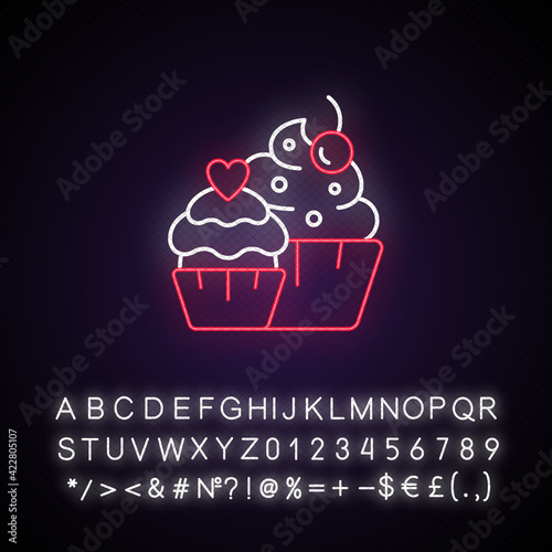 Muffins neon light icon. Cupcakes with icing and sprinkles. Desserts for wedding reception. Outer glowing effect. Sign with alphabet, numbers and symbols. Vector isolated RGB color illustration