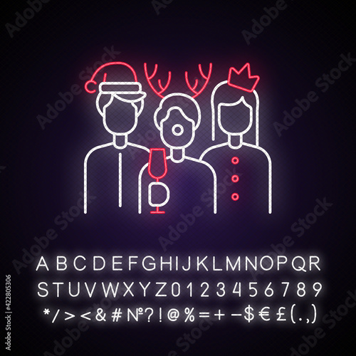 Christmas party neon light icon. New year greetings. Friends gathering on social event. Outer glowing effect. Sign with alphabet, numbers and symbols. Vector isolated RGB color illustration