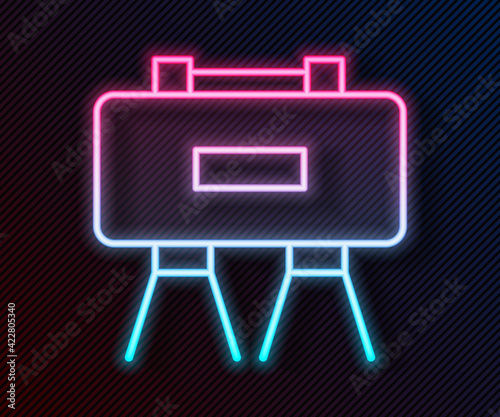 Glowing neon line Military mine icon isolated on black background. Claymore mine explosive device. Anti personnel mine. Army explosive. Vector photo