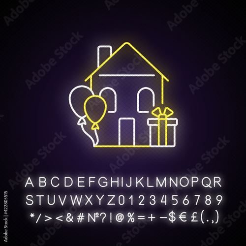 Housewarming party neon light icon. Celebrate moving in new home. Presents for house warming. Outer glowing effect. Sign with alphabet, numbers and symbols. Vector isolated RGB color illustration