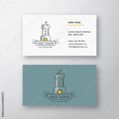 Lone Tower Abstract Modern Vector Logo and Business Card Template. Stronghold with a Flag and Typography Banner. Premium Stationary Realistic Mock Up. Isolated