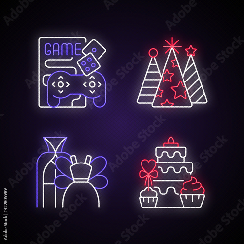 Friends and family gathering party neon light icons set. Game night with videogames, boardgames. Birthday hat cones. Signs with outer glowing effect. Vector isolated RGB color illustrations
