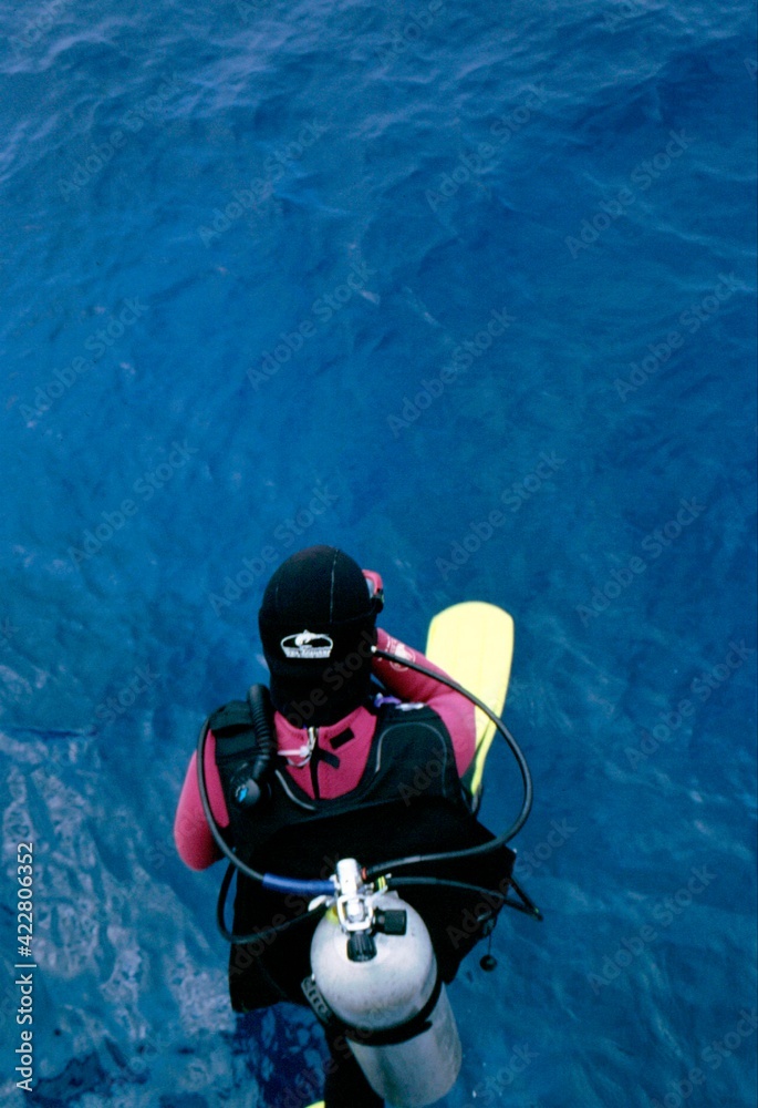 SCUBA Diver Entering Water and Jumping from the Dive Boat with Giant