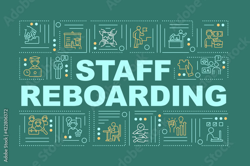 Staff reboarding word concepts banner. Workers skills upgrading process. Infographics with linear icons on green background. Isolated typography. Vector outline RGB color illustration