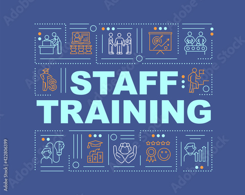 Staff training word concepts banner. Giving employees important data to work. Infographics with linear icons on navy background. Isolated typography. Vector outline RGB color illustration