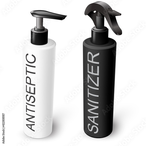 Vector set of sanitizer antiseptic gel and spray dispensers