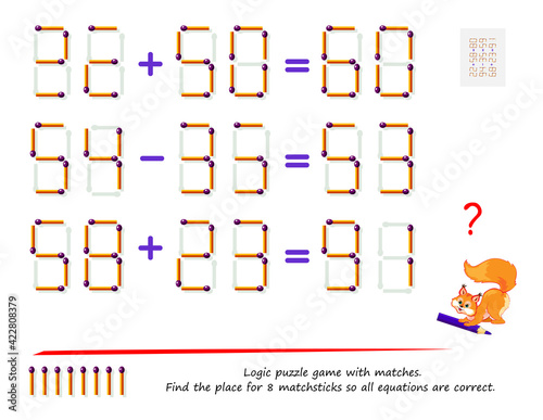 Logic puzzle game with matches. Find the place for 8 matchsticks so all equations are correct. Math tasks on addition and subtraction. Brain teaser book. Play online. Memory training for seniors.