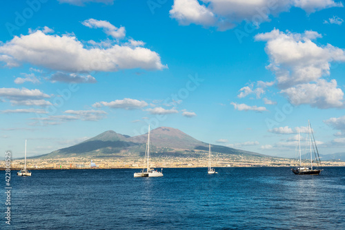 Sailboats and catamarans on the bay of Naples, Italy