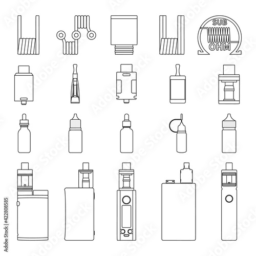 Vector set of vape accessories outline icons.