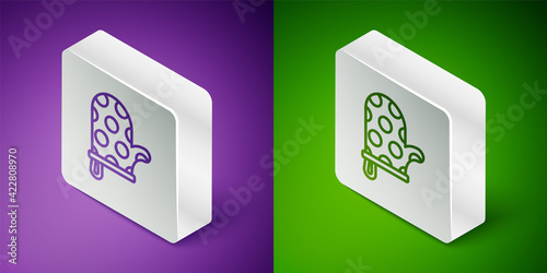 Isometric line Oven glove icon isolated on purple and green background. Kitchen potholder sign. Cooking glove. Silver square button. Vector