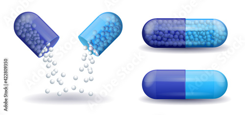 Blue full medical capsules pill capsule with filling vector
