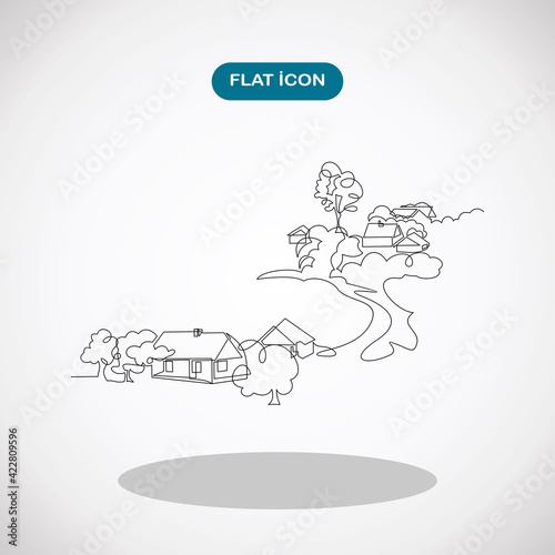Rural landscape drawn in one line. Country house. continuous one line drawing vector illustration