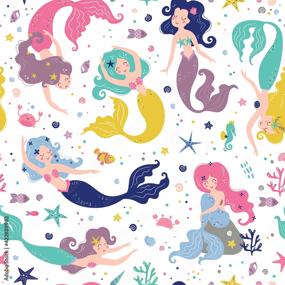 Seamless childish pattern with cute mermaids. Creative kids texture for fabric, wrapping, textile, wallpaper, apparel. Vector illustration