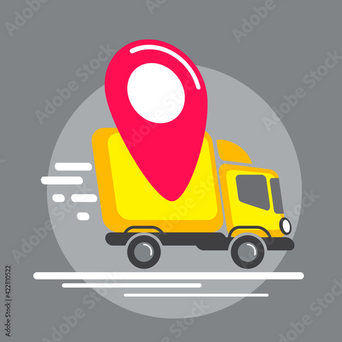 Yellow truck fast delivery with geolocation sign. Flat illustration isolated on grey background.