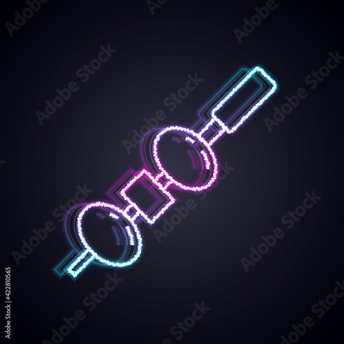 Glowing neon line Olive and cheese on chopstick icon isolated on black background. Canape, tapas with cheese and olive. Vector