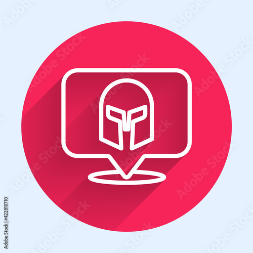 White line Greek helmet icon isolated with long shadow. Antiques helmet for head protection soldiers with a crest of feathers or horsehair. Red circle button. Vector