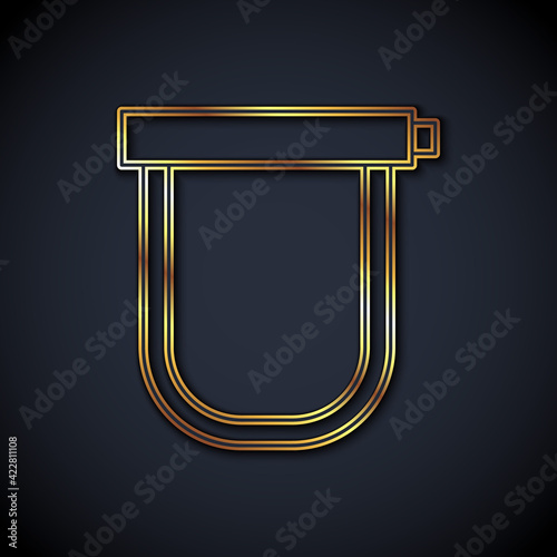 Gold line Bicycle lock U shaped industrial icon isolated on black background. Vector