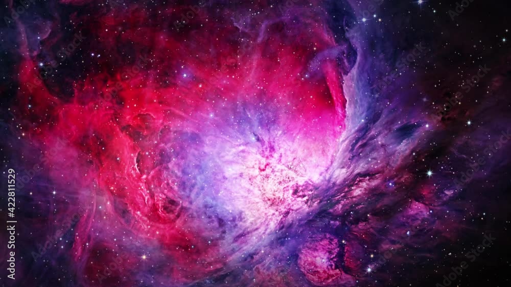 4K 3D Space exploration to the Orion nebula. Flight Through Space diffuse nebula and clusters of stars in the Milky Way galaxy. It is one of the brightest nebulae. Elements furnished by NASA images.