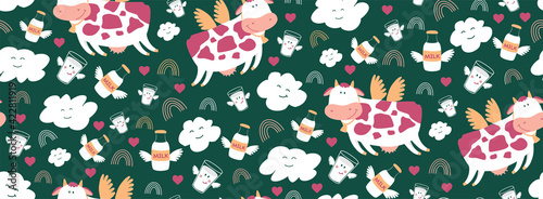 Cheerful seamless pattern.
Cute flying cow. On a green background. Children's drawing. Illustration for children. I love milk. Cartoon drawing of milk, clouds. Winged milk bottle and glass.