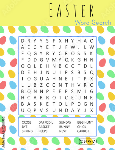 Easter word search puzzle. Printable educational game for kids. Funny holiday crossword. Festive colorful worksheet for learning English words. Vector illustration