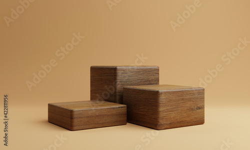 Fototapeta Naklejka Na Ścianę i Meble -  Three brown wooden rectangle cube product stage podium on orange background. Minimal fashion theme. Geometry exhibition stage mockup concept. 3D illustration rendering graphic design