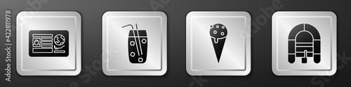 Set Passport with visa stamp, Cocktail and alcohol drink, Ice cream in waffle cone and Rafting boat icon. Silver square button. Vector