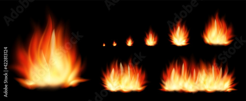 Set of realistic fire elements from the smallest fire to a huge bonfire isolated on black background. Vector set flame and bonfire.