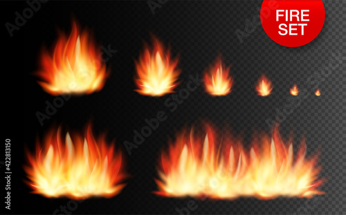 Set of realistic fire elements from the smallest fire to a huge bonfire isolated on transparent background. Vector set flame and bonfire.