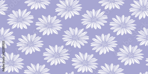 Daisy flower vector pattern background. Blue wallpaper.