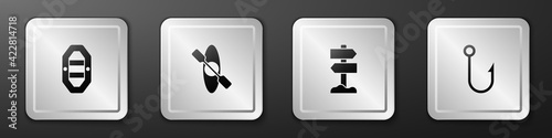 Set Rafting boat, Kayak or canoe, Road traffic signpost and Fishing hook icon. Silver square button. Vector