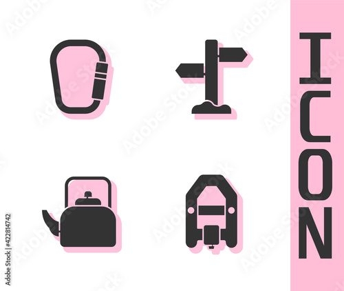 Set Rafting boat, Carabiner, Kettle with handle and Road traffic signpost icon. Vector