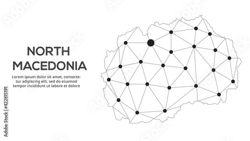 North Macedonia communication network map. Vector image of a low poly global map with city lights. Map in the form of lines and dots