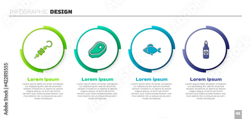 Set Grilled shish kebab, Steak meat, Fish and Beer bottle. Business infographic template. Vector