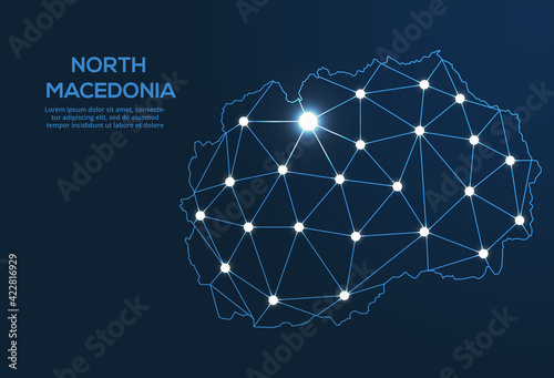 North Macedonia communication network map. Vector low poly image of a global map with lights in the form of cities. Map in the form of a constellation, mute and stars