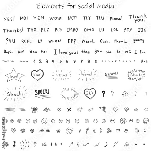 Hand drawn doodle images for social media. Creative words, letters, slang, cute funny elements. Emotions. Gray.