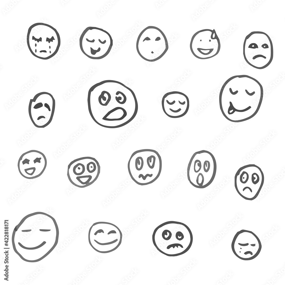 Smiles, faces. Hand drawn doodle images for social media. Creative words, letters, slang, cute funny elements. Emotions. Gray. Smiles, faces. Hand drawn doodle images for social media. Creative words, letters, slang, cute funny elements. Emotions. Gray.